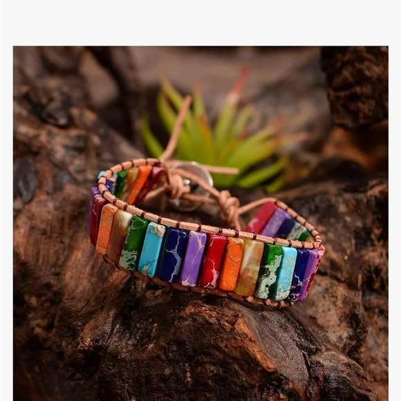 Handmade Bohemian Multi Colored stone leather bracelet. - Picture 7 of 9